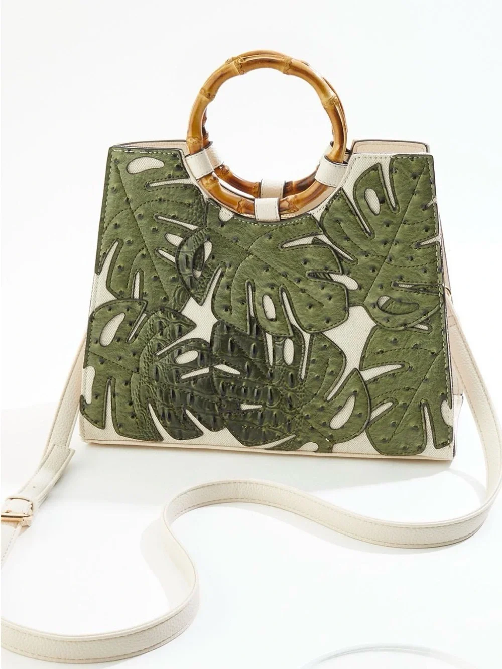 NWT Cato, Large, Beige & Olive Green Textured Leaves Bamboo-Handle Tote Bag